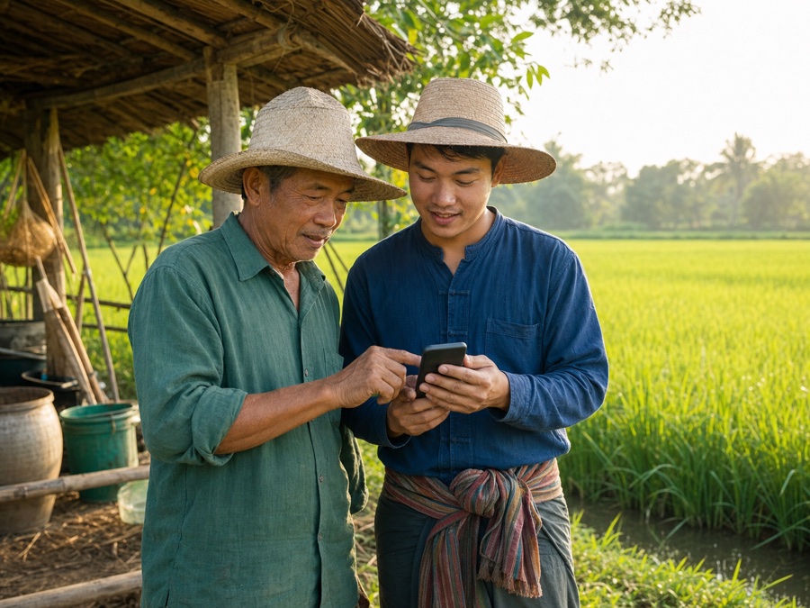 เกษตรกรสองรุ่นแลกเปลี่ยนข้อมูลจากโทรศัพท์ข้างแปลงข้าว